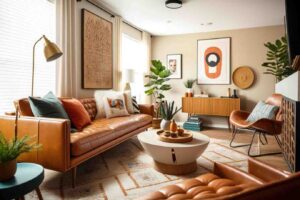 A stylish living room featuring a tan leather sofa, colorful pillows, indoor plants, and modern decor on the walls.