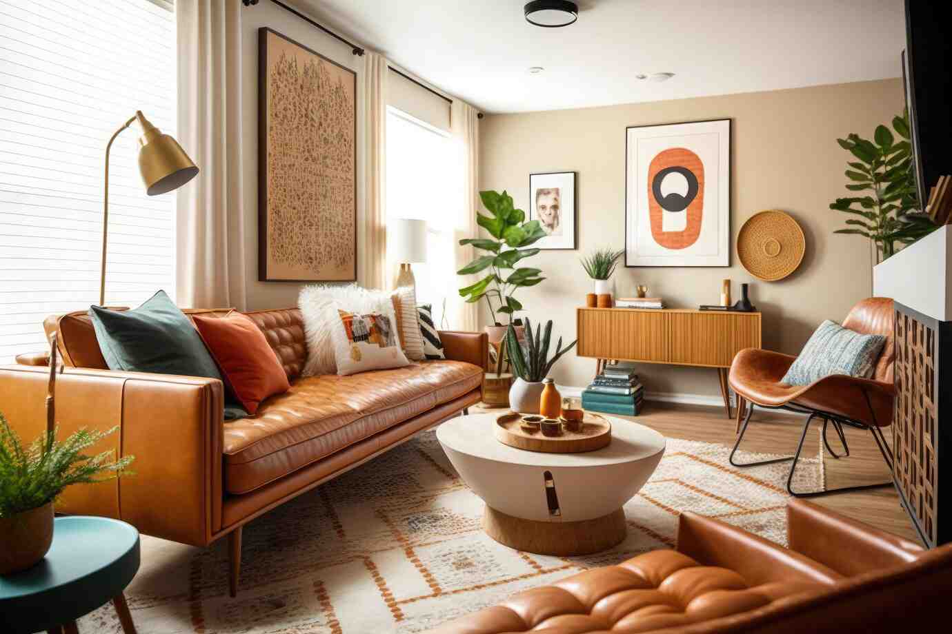 A stylish living room featuring a tan leather sofa, colorful pillows, indoor plants, and modern decor on the walls.