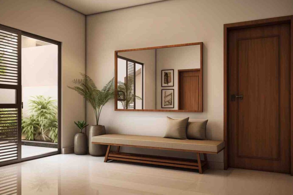 Modern entryway featuring a wooden bench with cushions, a large mirror, framed artwork, and lush green plants by a glass door.
