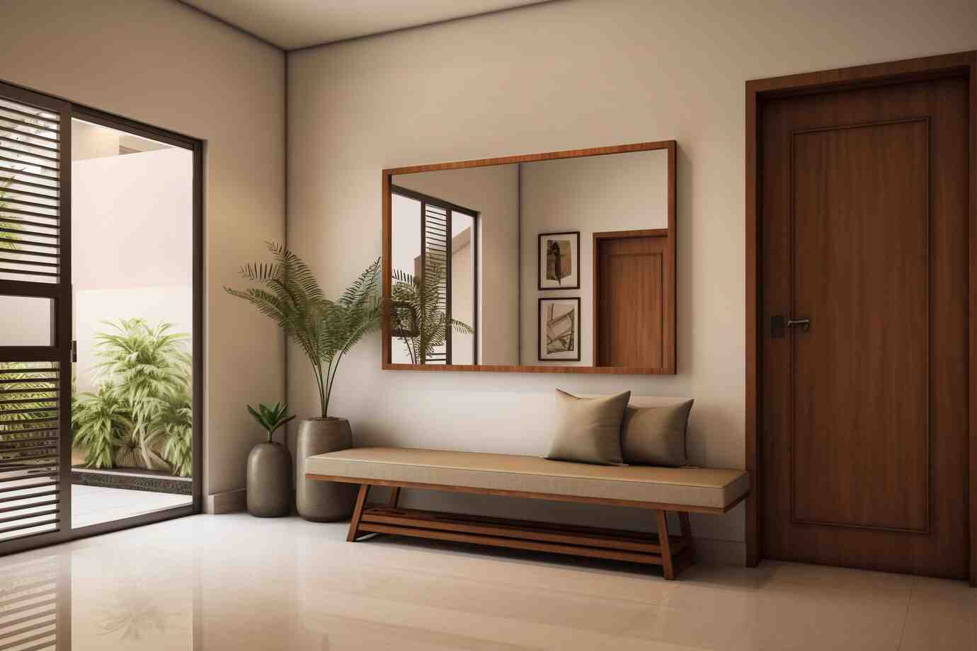 Modern entryway featuring a wooden bench with cushions, a large mirror, framed artwork, and lush green plants by a glass door.