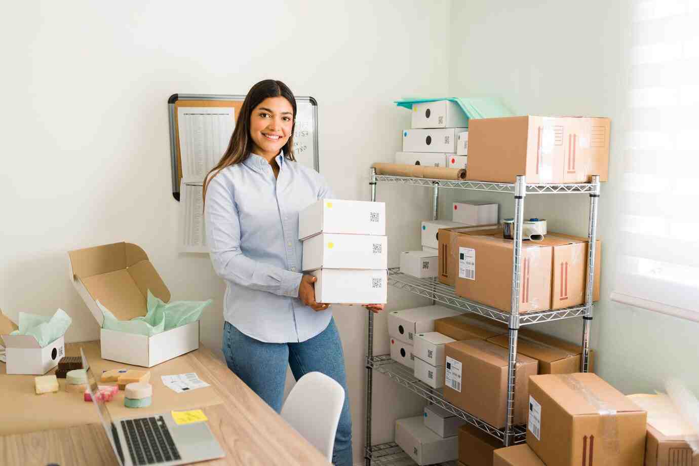 A woman holds stacked boxes in a workspace filled with organized packages and a laptop on a wooden desk.