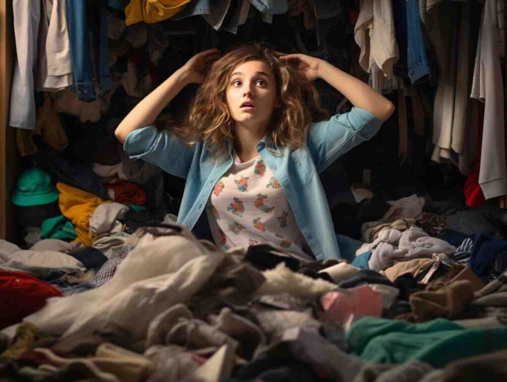A person sits in a cluttered closet surrounded by piles of clothes, appearing overwhelmed by the mess.