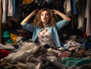 A person sits in a cluttered closet surrounded by piles of clothes, appearing overwhelmed by the mess.