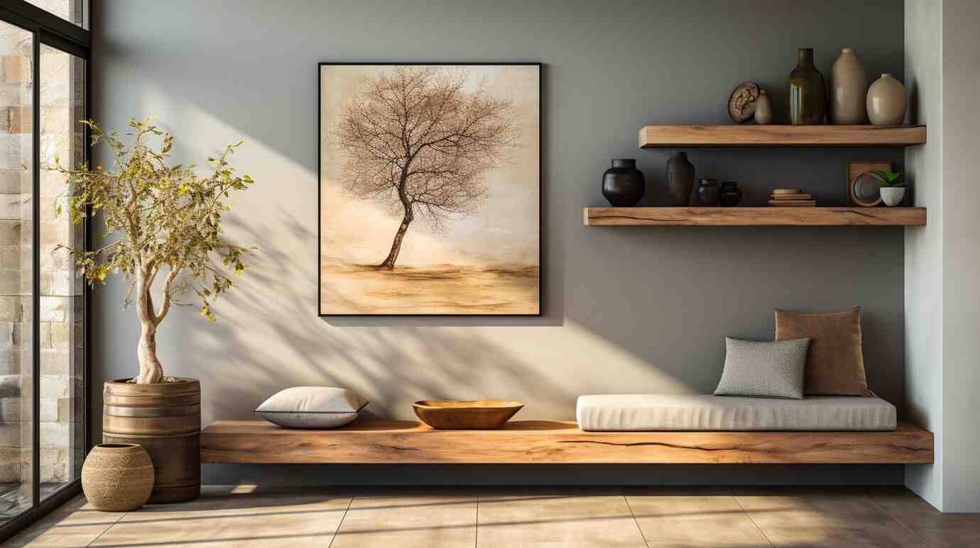 A cozy interior featuring a wooden bench with pillows, a tree in a barrel, wall art of a bare tree, and minimalist decor on shelves.