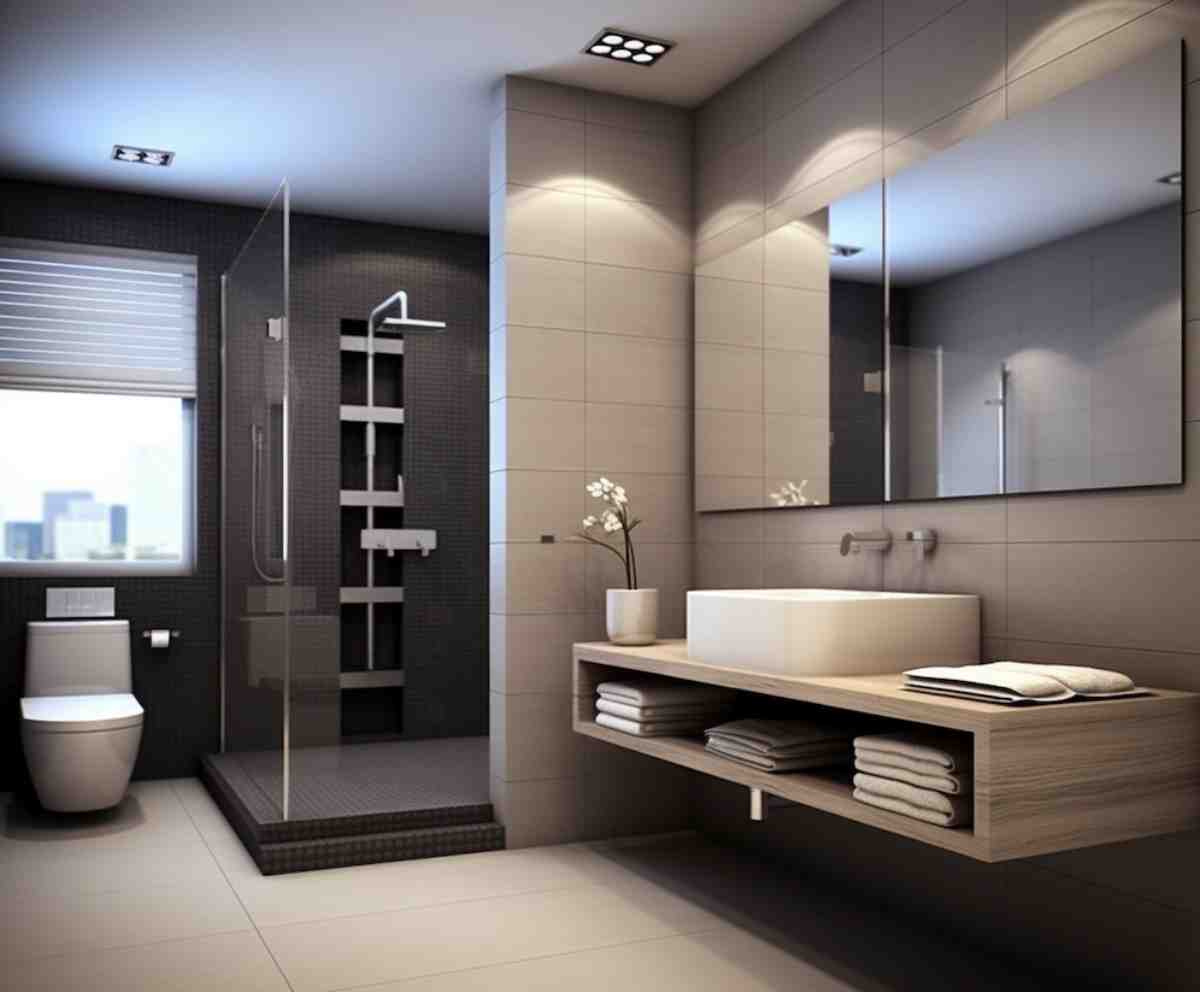 A modern bathroom featuring a glass shower, sleek sink with wood shelf, white towels, and a window with city views.