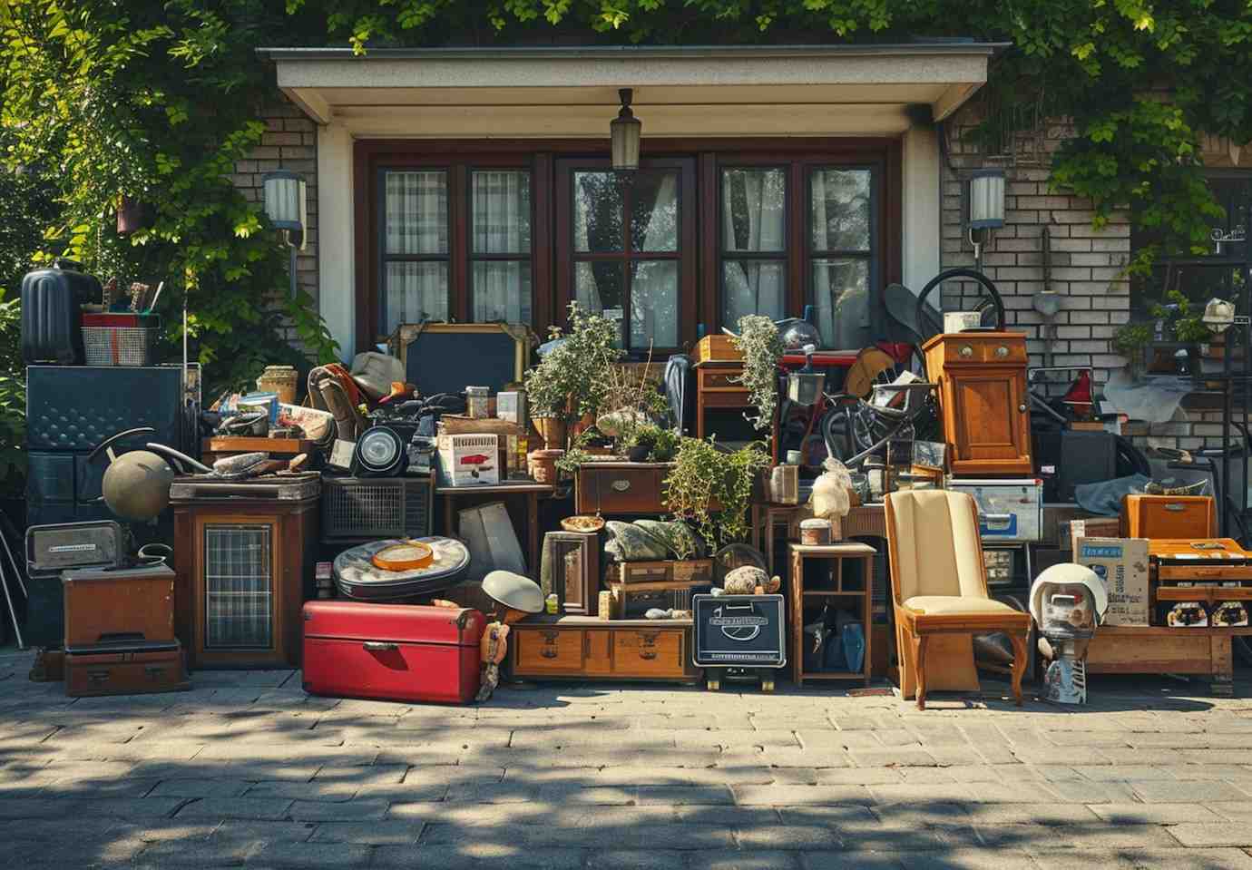 A collection of vintage items including furniture, boxes, radio, and plants arranged outside a brick house under lush greenery.