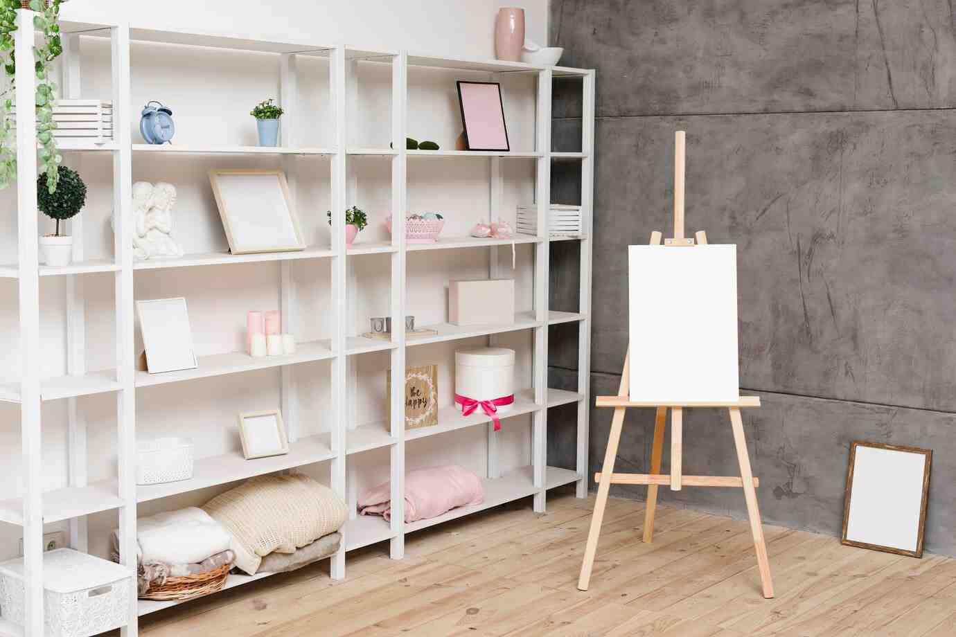 A bright, minimalist art studio featuring white shelves with decorative items and an empty easel ready for creativity.
