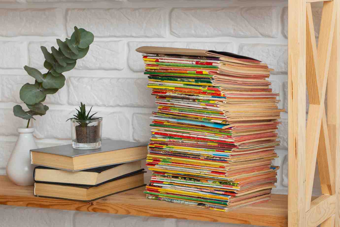 A colorful stack of old magazines beside two stacked black and white books and a small potted plant on a wooden shelf.