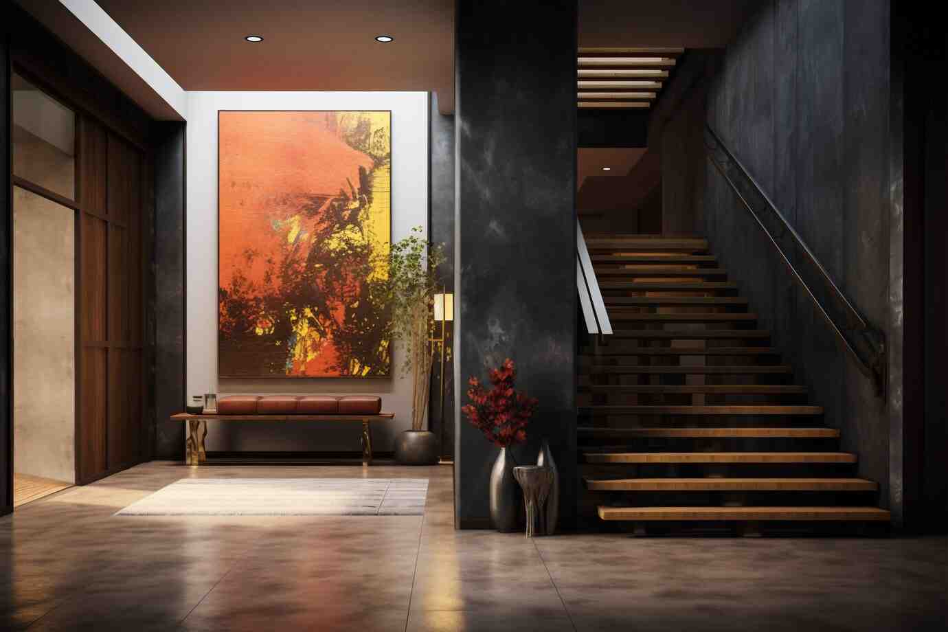 Modern entryway featuring a vibrant abstract painting, a sleek bench, green plants, and a wooden staircase. Natural light enhances elegance.