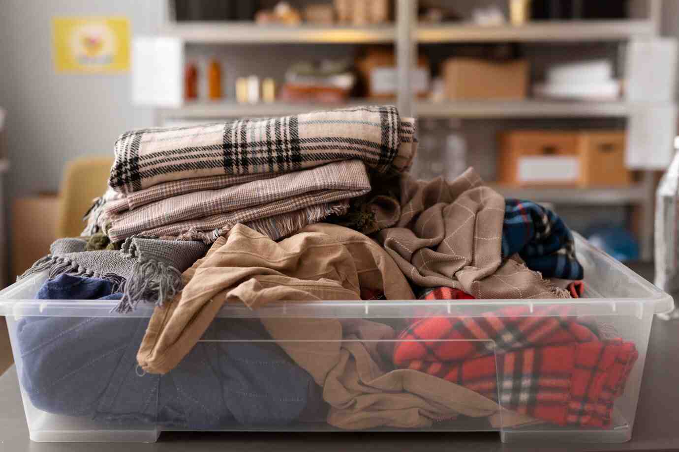 A clear storage bin filled with assorted folded fabrics, including plaid, solid colors, and various textures, on a table.