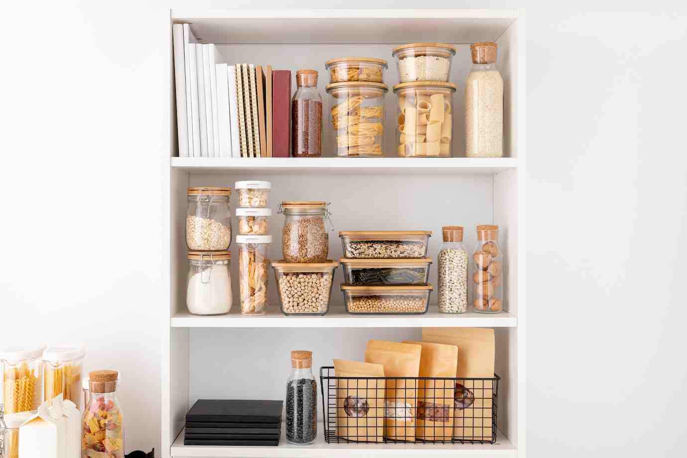 A neatly organized white shelf with jars and containers of grains, pasta, and snacks, alongside books and packages.