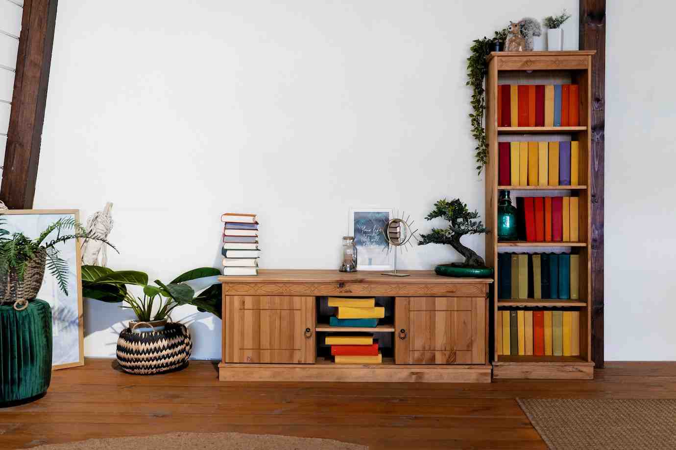 A wooden bookshelf and a low cabinet adorned with plants and colorful books in a cozy, modern interior setting.