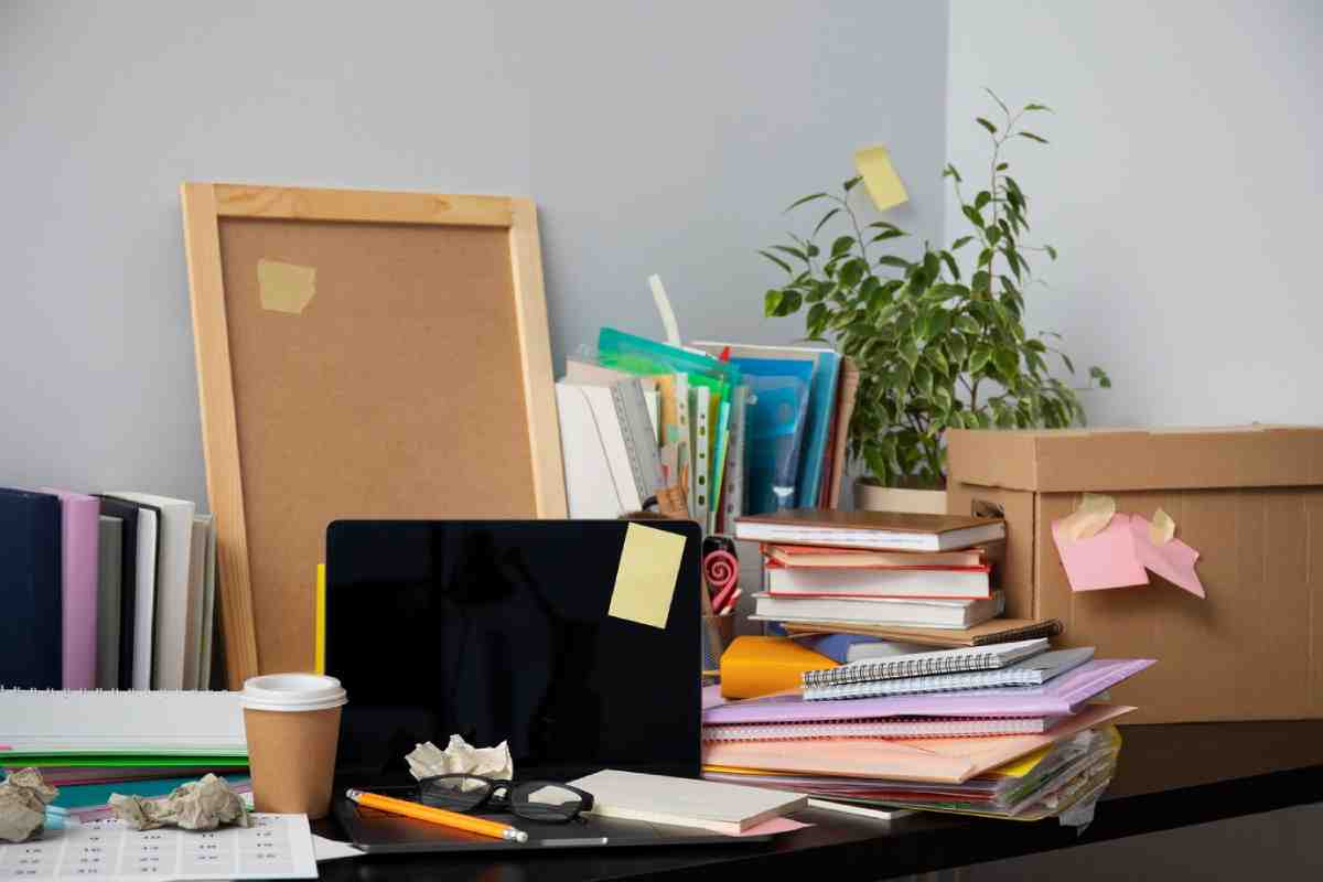 A cluttered desk with a laptop, crumpled papers, stationery, stacked notebooks, and a small plant amid scattered books and a coffee cup.