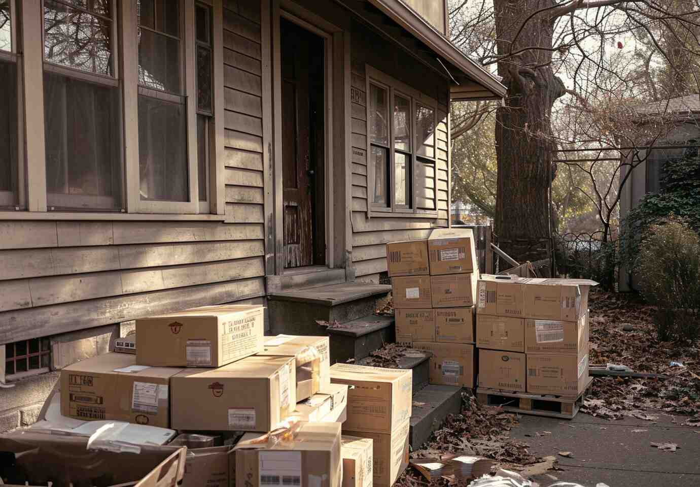 A cluttered porch with numerous cardboard boxes strewn across steps, surrounded by fallen leaves and a weathered wooden house.