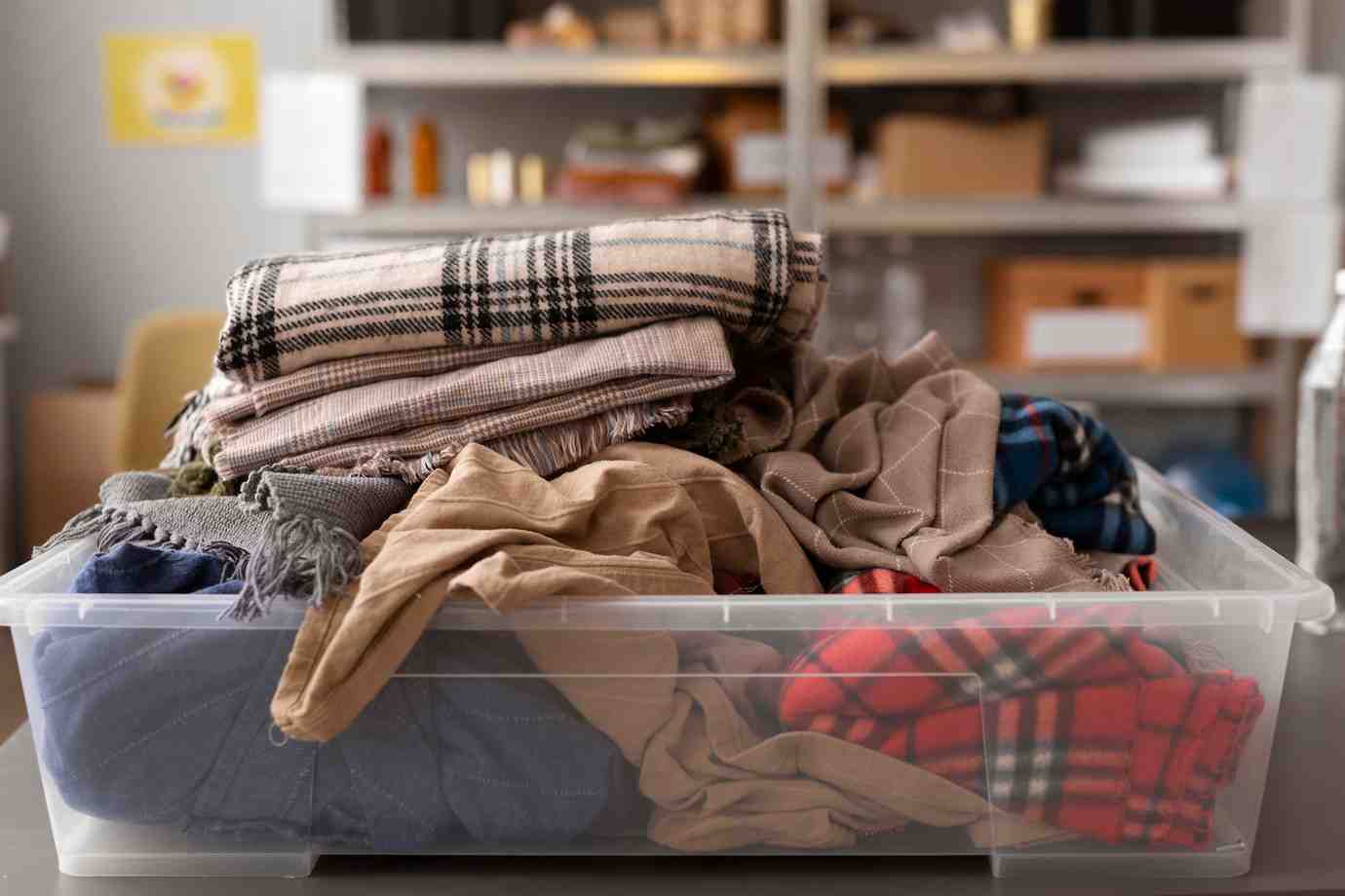 A clear plastic bin overflowing with assorted folded clothes and blankets, set against a blurred background of shelves.