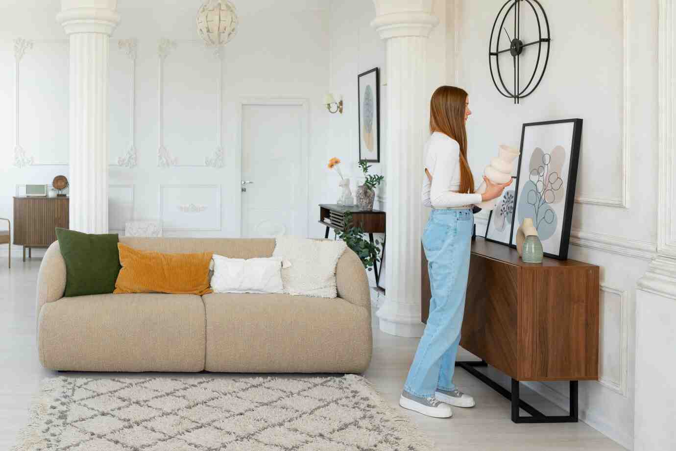 A woman in a cozy living room arranges decor items on a wooden side table, surrounded by stylish furniture and wall art.
