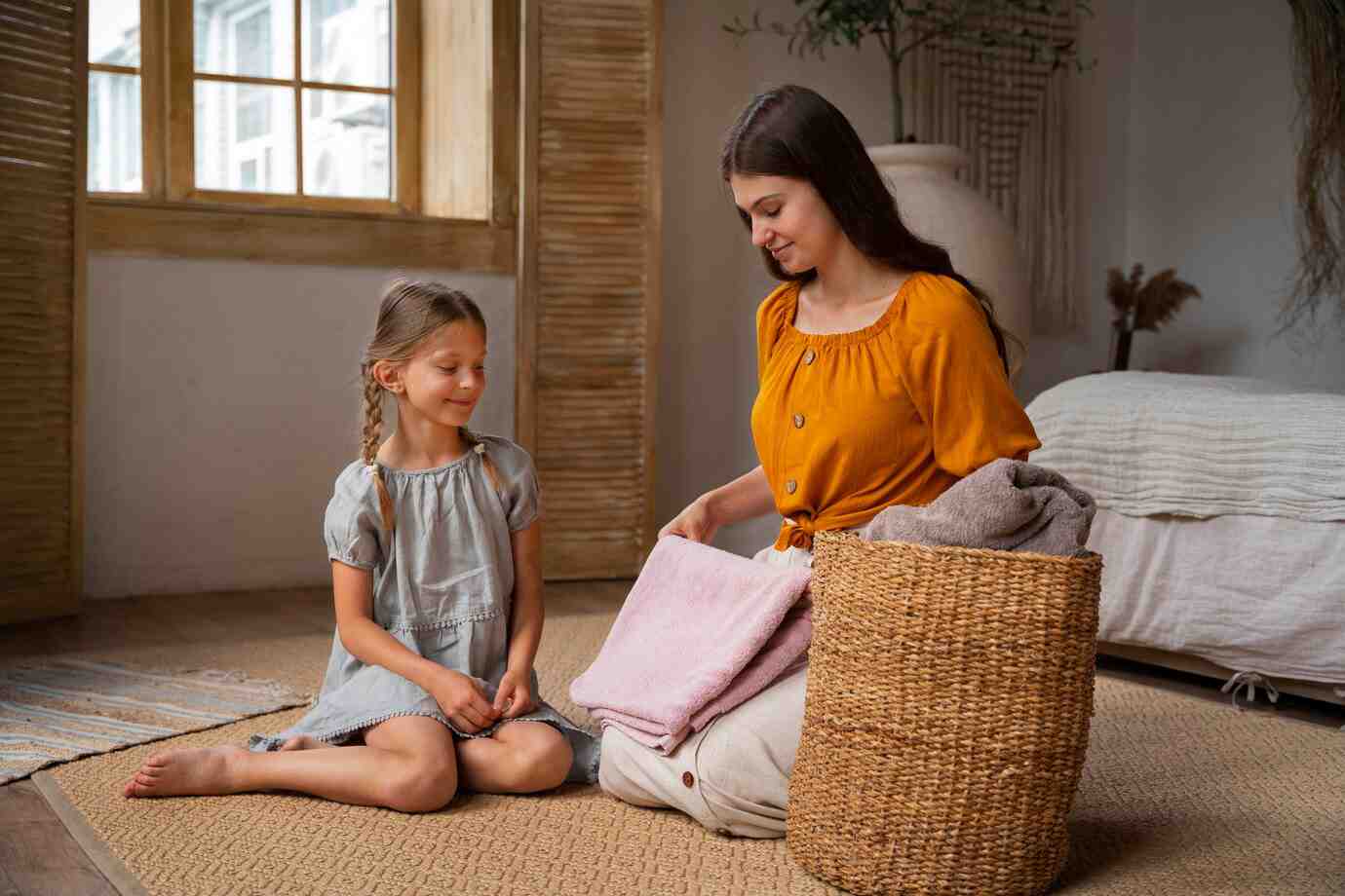 A woman in a mustard-colored top sits on a rug, folding towels next to a young girl dressed in a light blue dress, with a wicker basket nearby.