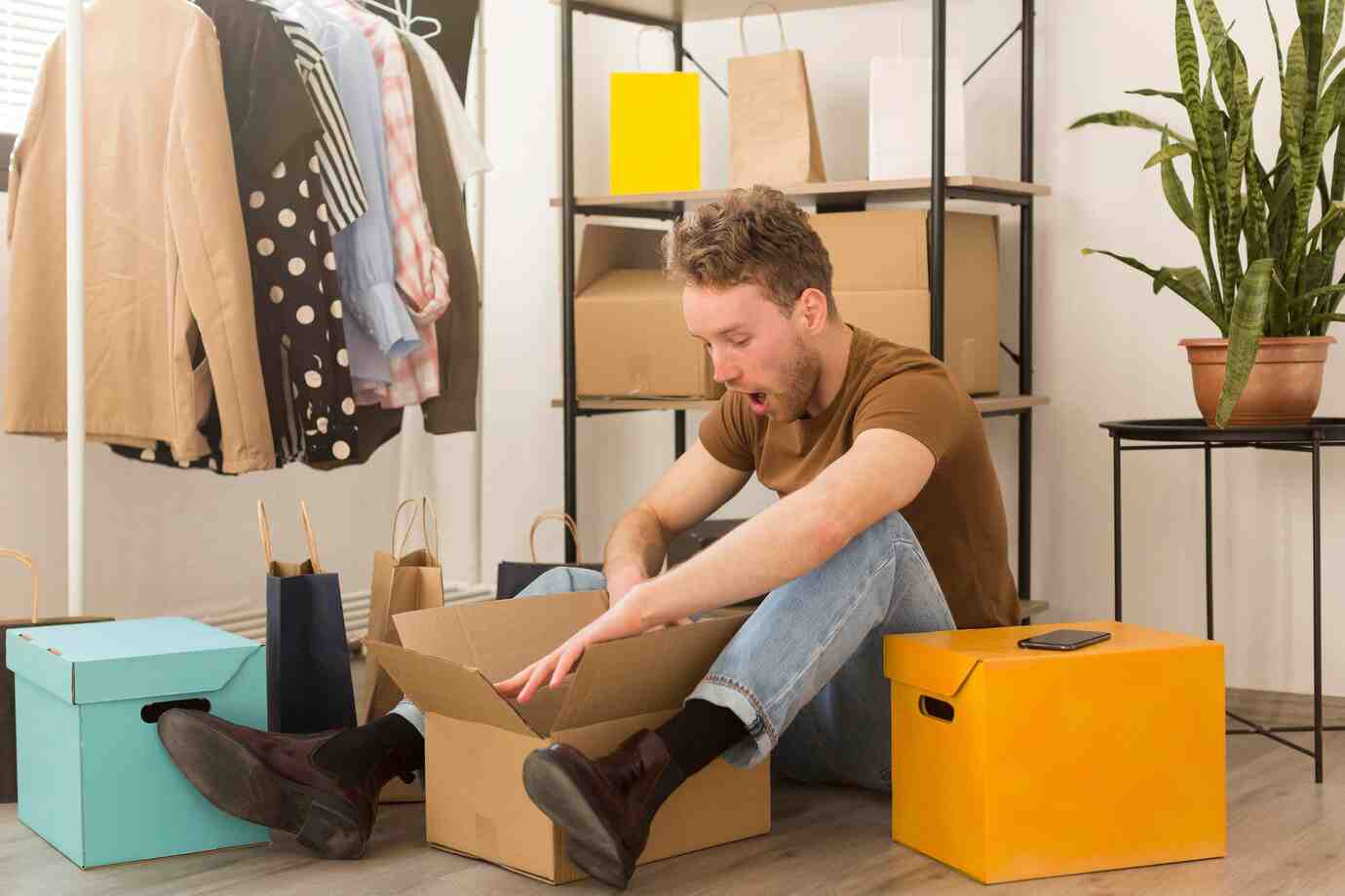 A person sits on the floor, surrounded by colorful boxes and shopping bags, sorting through items in a cozy, modern room.