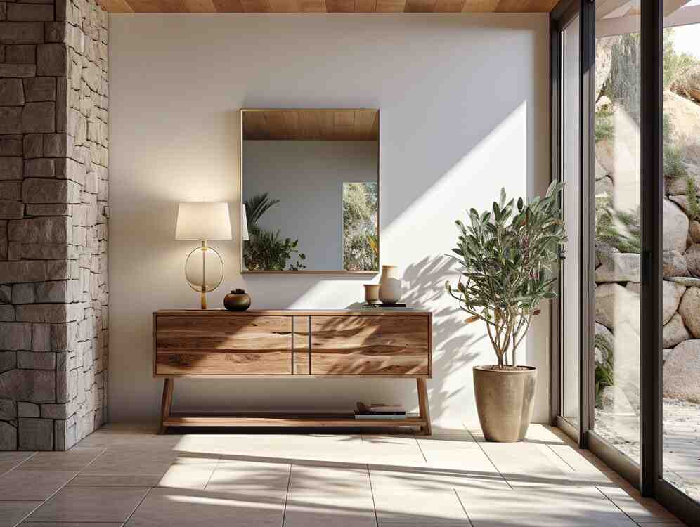A modern entryway featuring a wooden dresser, a lamp, decorative items, a potted plant, and a large mirror reflecting natural light.