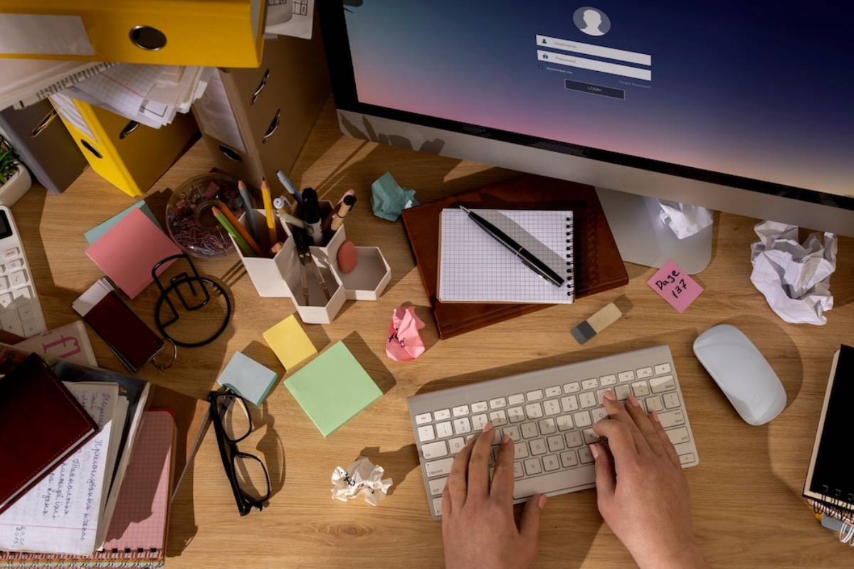 Overhead view of a cluttered workspace with a computer, scattered notes, stationery, and a person typing.