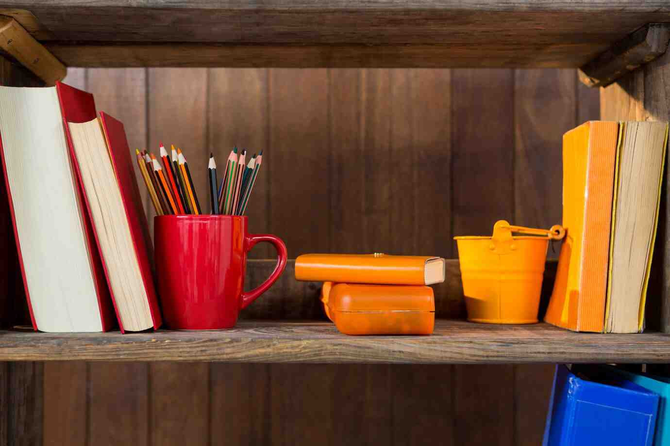A wooden shelf holds colorful books, a red mug filled with pencils, and orange items, set against a rustic wooden background.