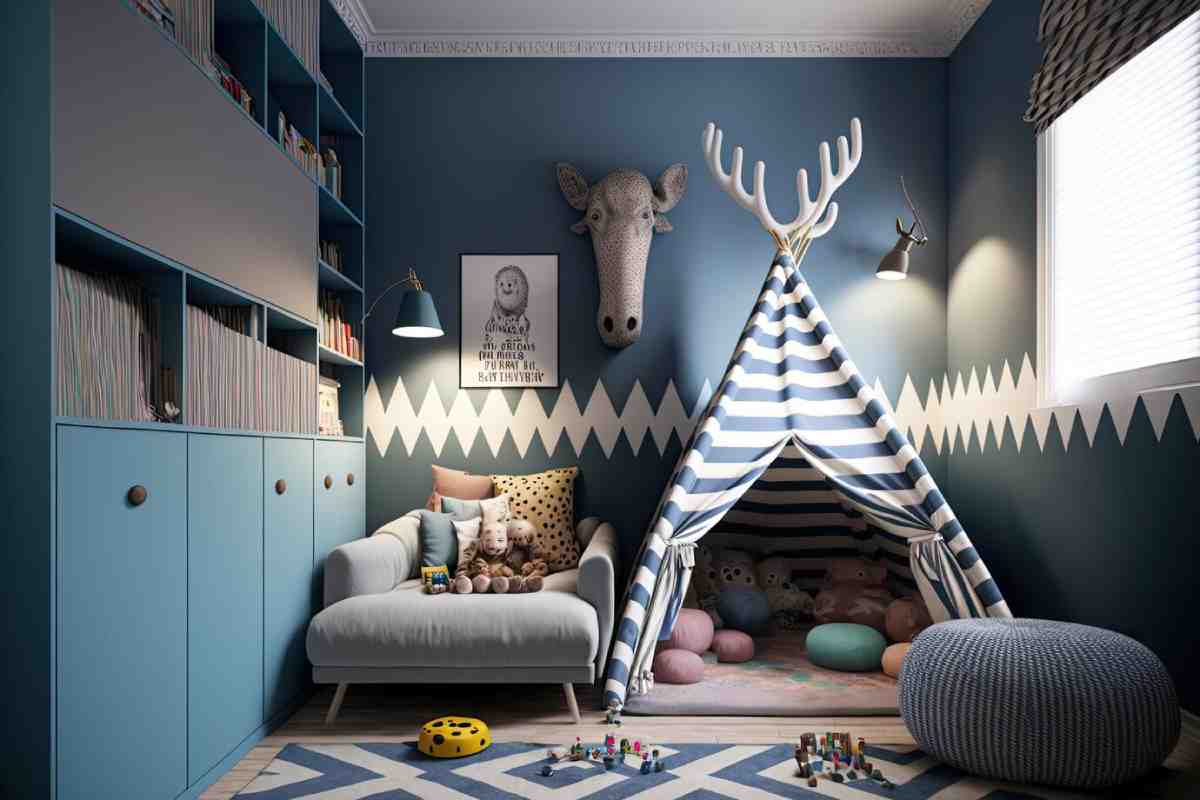 A cozy children's playroom with blue walls, a teepee, a comfy sofa, bookshelves, plush toys, and colorful cushions for play.