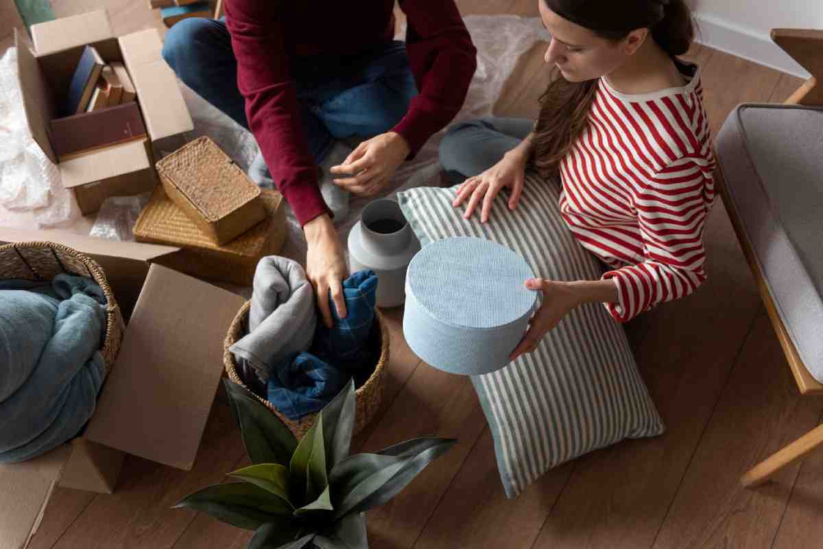 A person arranges home decor items and textiles around cardboard boxes and wicker baskets on a wooden floor.