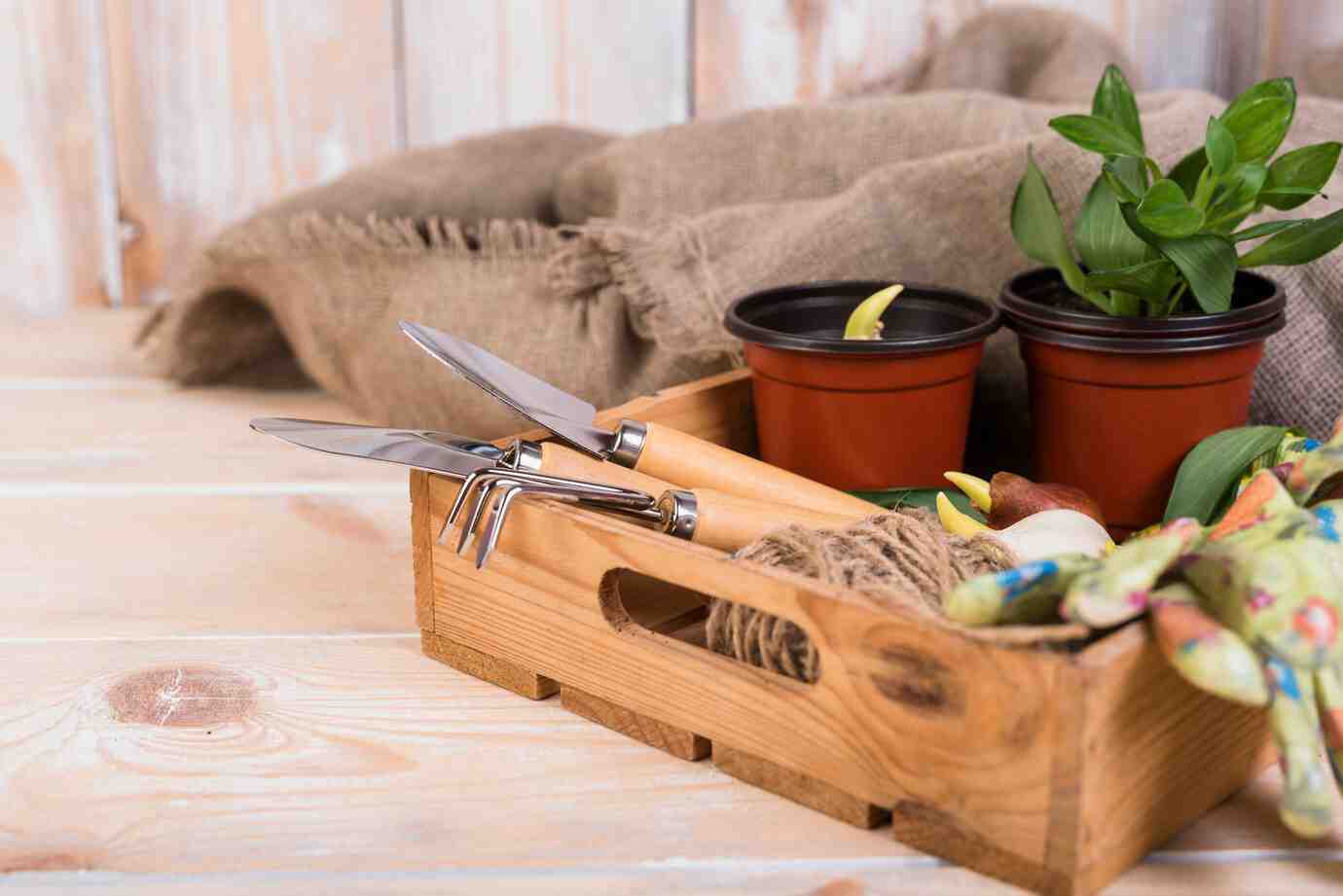 A wooden crate holds gardening tools, pots with green plants, burlap fabric, and twine, creating a cozy planting scene.